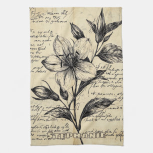 Rustieke Bloemenschets met Kalligrafie - Leeftijd Theedoek