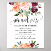 Rustieke bloemige mr en mrs signature drankjes bor poster (Voorkant)