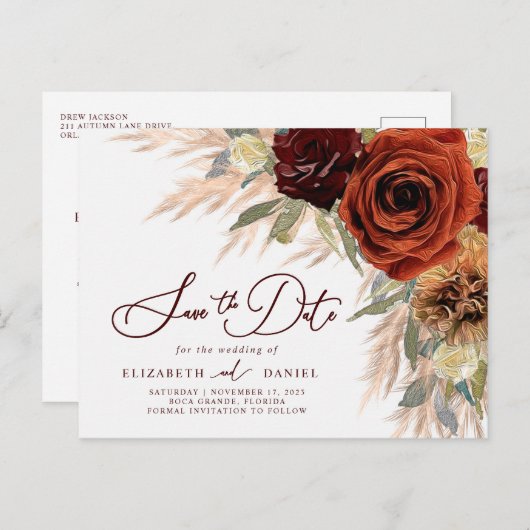 Rustieke bloemige Pampasgras Save The Date-ansicht Briefkaart (Voorkant / Achterkant)