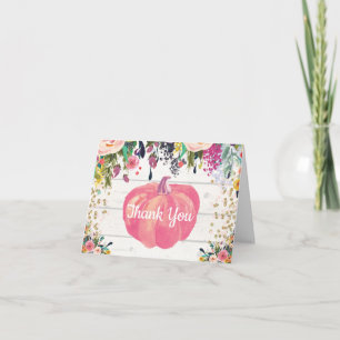 Rustieke bloemrijke herfst pompoen roze goud glitt bedankkaart