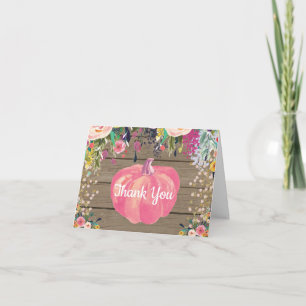 Rustieke bloemrijke herfstpompoen roze goud glitte bedankkaart