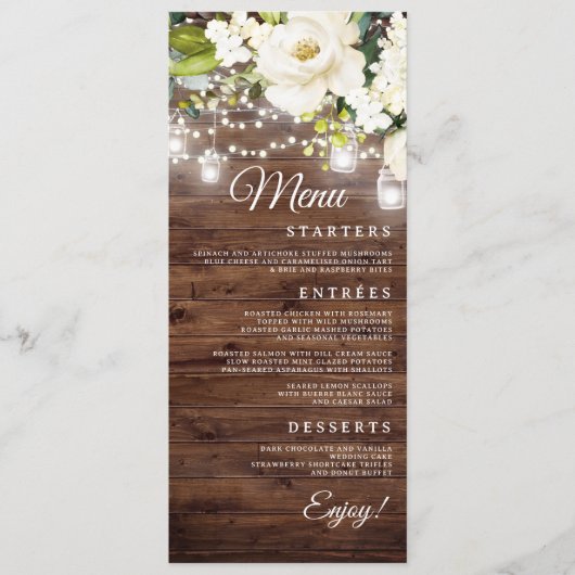 Rustieke bloemslingerlichten bruiloft diner menu (Voorkant)