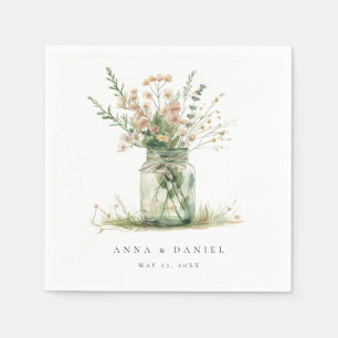 Rustieke bloemstukken in een glazen pot trouwfeest servet