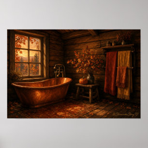 Rustieke blokhut koperen badkuip badkamer muur kun poster