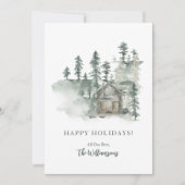 Rustieke blokhut watercolor bos groen gepersonalis feestdagenkaart (Voorkant)