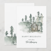 Rustieke blokhut watercolor bos groen gepersonalis feestdagenkaart (Voorkant / Achterkant)