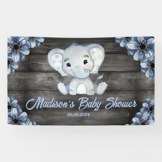 Rustieke Blue Boy Olifant Achtergrond Baby shower Spandoek (Horizontaal)