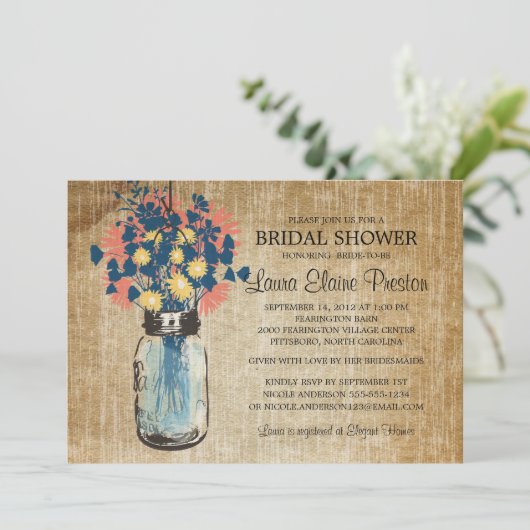 Rustieke Blue Mason Jar en Wildflower Daisies Kaart (Staand voorkant)