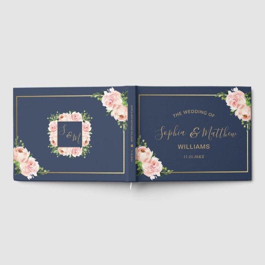 Rustieke Blush Bloemen Rozen Groen Navy Bruiloft Gastenboek (Volledig)