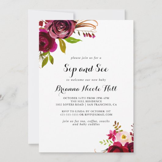 Rustieke Blush Bourgondische Bloemen Sip en See Kaart (Voorkant)