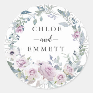 Rustieke Blush Paarse Rozen krans bruiloft gunst Ronde Sticker