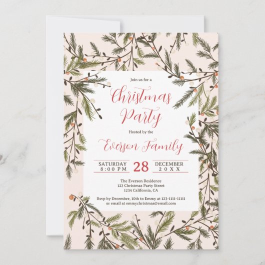 Rustieke blush Pine Branches Elegant Kerstfeest Kaart (Voorkant)