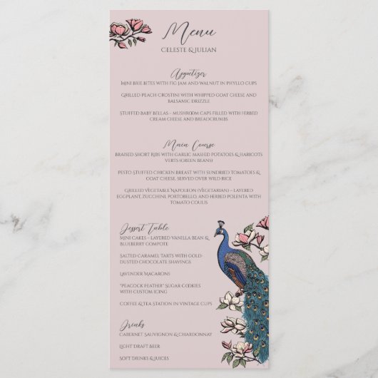 Rustieke Blush Roze Bloemen Pauw Vogel Wedding Men Menu (Voorkant)