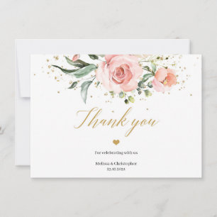 Rustieke blush roze rozen eucalyptus gouden bruilo bedankkaart