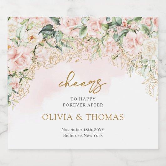 Rustieke blush roze rozen eucalyptus gouden bruilo sparkling wijnetiket (Enkel label)