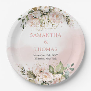 Rustieke blush roze rozen eucalyptus groen goud papieren bordje