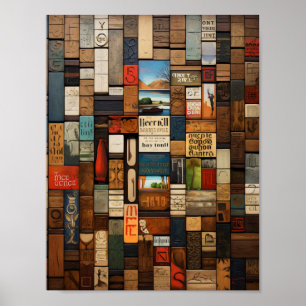 Rustieke Boek en Teken Typografie Art Collage Poster