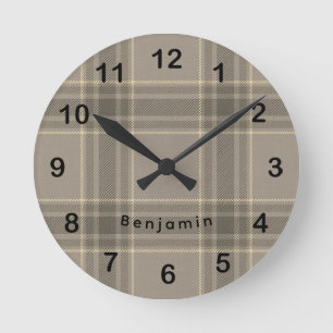 Rustieke boerderij beige grijs geruit tartan ronde klok