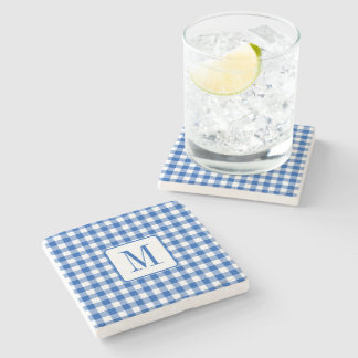 Rustieke boerderij blauw en wit Gingham Monogram Stenen Onderzetter