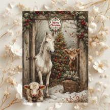 Rustieke boerderij koe paard landelijk kerstkaart