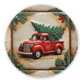 Rustieke Boerderij Rode Vrachtwagen Kerstmis Keramische Knop (Voorkant)