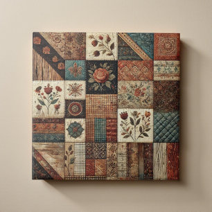 Rustieke Boerderij Terracotta Quilt Patchwork Bloe Tegeltje