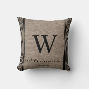 Rustieke boerderij tikkende streep jute monogram kussen