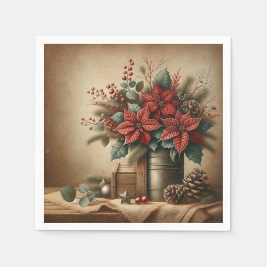 Rustieke Boerderij Vakantie Poinsettia Découpage Servet (Voorkant)