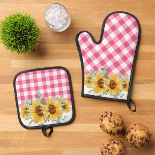 Rustieke boerderij Zonnebloemen Pink Gingham Ovenwant & Pannenlap Set