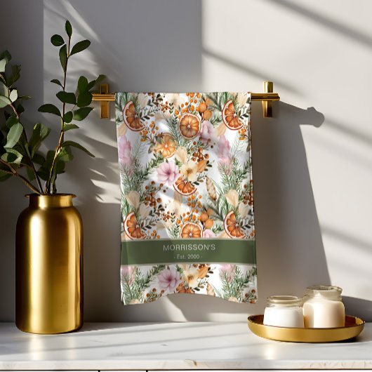 Rustieke Boheemse botanische winter citrus Kerstmi Theedoek