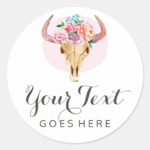 Rustieke Boheemse Koeien schedel Watercolor Roze B Ronde Sticker