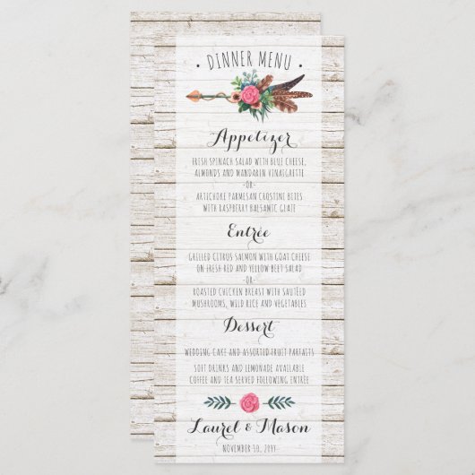 Rustieke Boheemse veren Pijl Bruiloft Diner Menu (Voorkant / Achterkant)