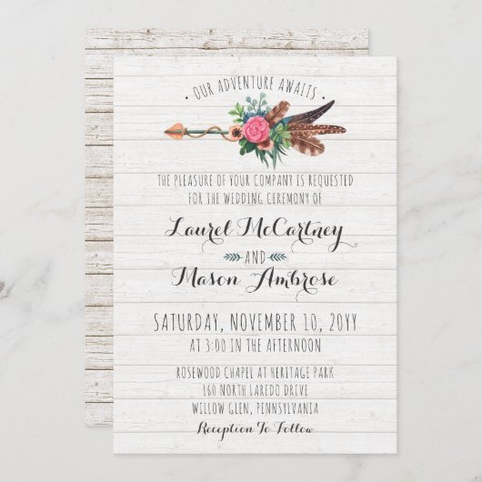 Rustieke Boheemse veren pijl bruiloft uitnodiging (Voorkant / Achterkant)