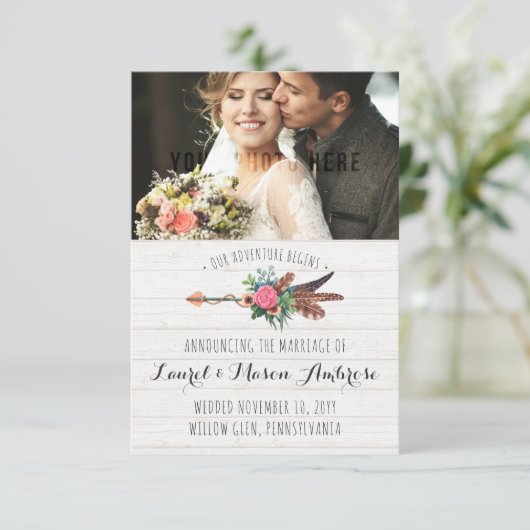 Rustieke Bohemian Arrow Roos bruiloft aankondiging (Staand voorkant)