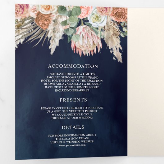 Rustieke Boho Aardse Bloem Pampas Marineblauwe Bru Drieluik Uitnodiging (Binnenzijde eerst)