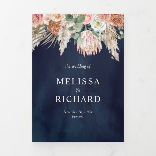 Rustieke Boho aardse bloemige pampas marine blauwe Drieluik Uitnodiging (Cover)