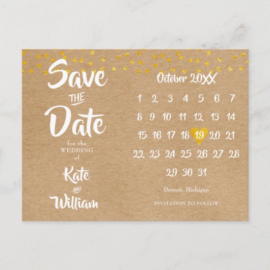 Rustieke Boho Bewaar de Datumkalender Gouden Hart Aankondigingskaart (Voorkant)