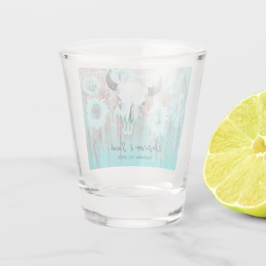 Rustieke Boho Blauwgroen Westerne Zonnebloemen Bul Shot Glas (Achterkant)