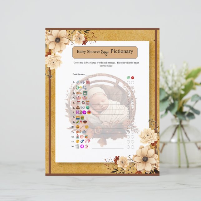 Rustieke Boho Bloemen Baby shower Emoji Game (Staand voorkant)