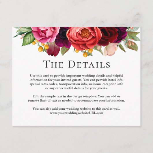 Rustieke Boho Bloemen Bruiloft Details Informatie Informatiekaartje (Voorkant)