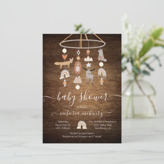 Rustieke Boho Bosdieren Mobiele Baby Shower Kaart (Staand voorkant)