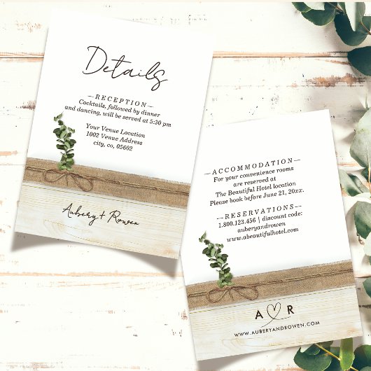 Rustieke Boho Burlap Wood Eucalyptus Wedding Detai Informatiekaartje