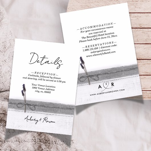 Rustieke Boho Burlap Wood Lavendel Wedding Details Informatiekaartje