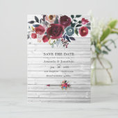 Rustieke Boho Chic Burgundy en Marine Bloem Bruilo Save The Date (Staand voorkant)