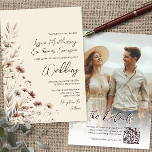 Rustieke Boho Chic Wilde Bloemen & Foto QR Bruilof Kaart