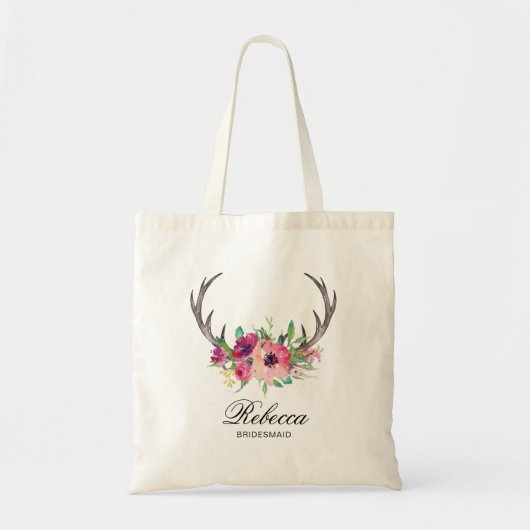 Rustieke Boho Floral Antlers Bruiloft bruidsmeisje Tote Bag (Voorkant)