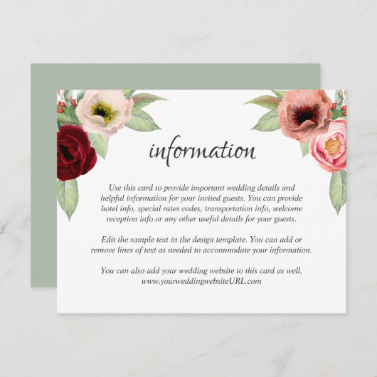Rustieke Boho Floral bruiloft Details Informatie Informatiekaartje (Voorkant / Achterkant)