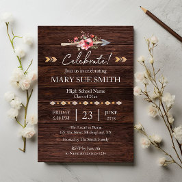 Rustieke Boho Floral Wood Grain Afstuderen Kaart