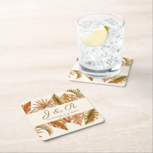 Rustieke Boho Herfst Bladerdak Monogram Huwelijk Vierkante Kartonnen Onderzetter