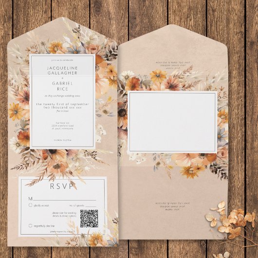 Rustieke Boho Herfst Peach & Rust Bloemen QR Code All In One Uitnodiging